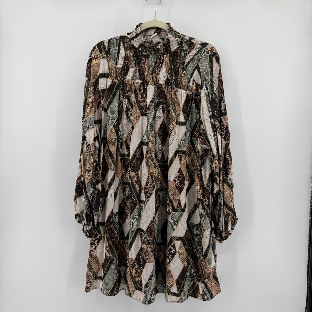 H&M Women L Multi Snakeskin Geometric Smocked Mock Neck Mini Dress Boho Balloon - Picture 1 of 6